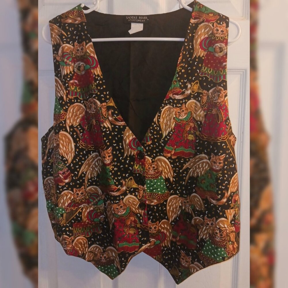 Vintage Christmas Cat Angels Vest Saddle River Sportswear L